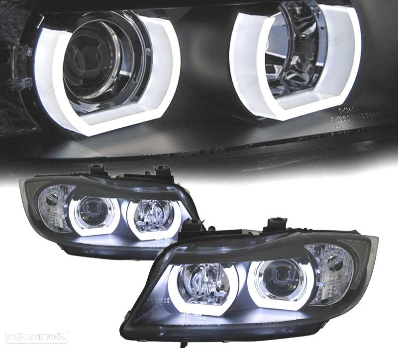 FARÓIS XENON BMW E90 E91 05-08 ANGEL EYES U LED 3D FUNDO PRETO - 1