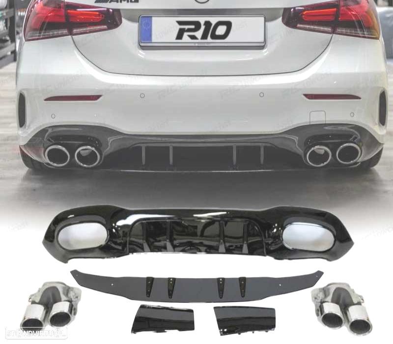 DIFUSOR TRASEIRO MERCEDES V177 AMG 18- SEDAN LOOK A45 PRETO BRILHANTE + PONTEIRAS DE ESCAPE CROMAD - 1