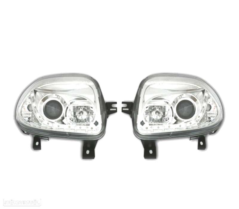 FARÓIS FRONTAIS RENAULT CLIO 98-01 LUZ DIURNA LED FUNDO CROMADO - 1