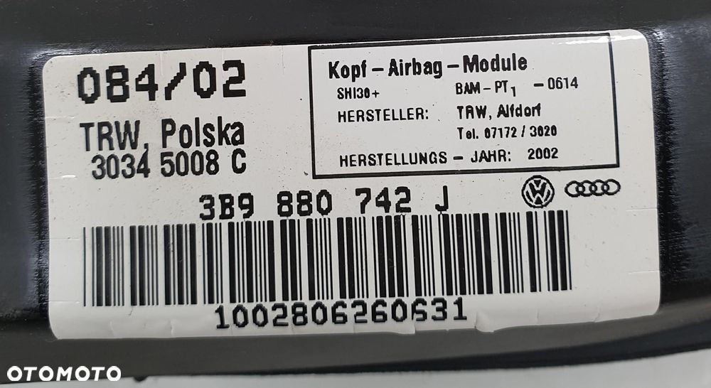 KURTYNA AIR BAG PRAWA VW PASSAT B5 KOMBI 3B9880742J - 3