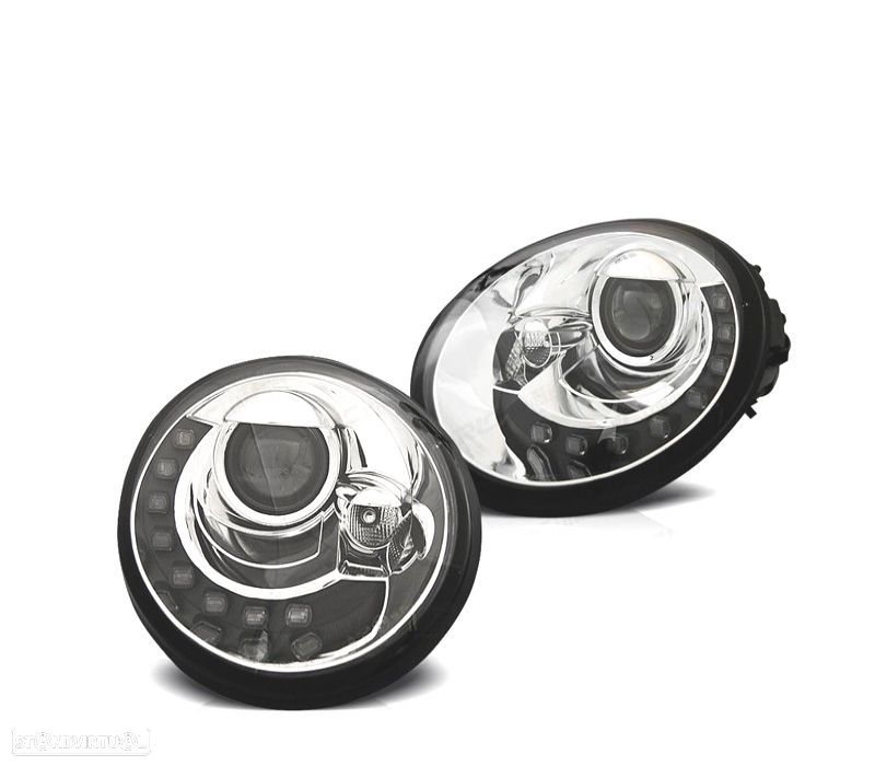 FARÓIS VOLKSWAGEN VW BEETLE 95-05 LUZ DIURNA LED FUNDO CROMADO - 1