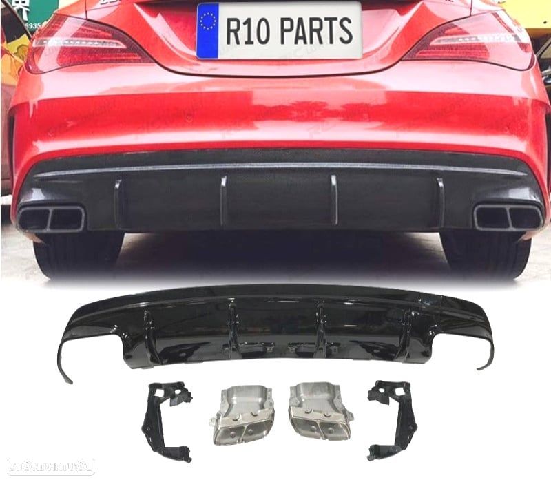 DIFUSOR TRASEIRO MERCEDES CLA W117 13-15 LOOK CLA45 PRETO BRILHANTE + SAÍDAS DE ESCAPE - 1