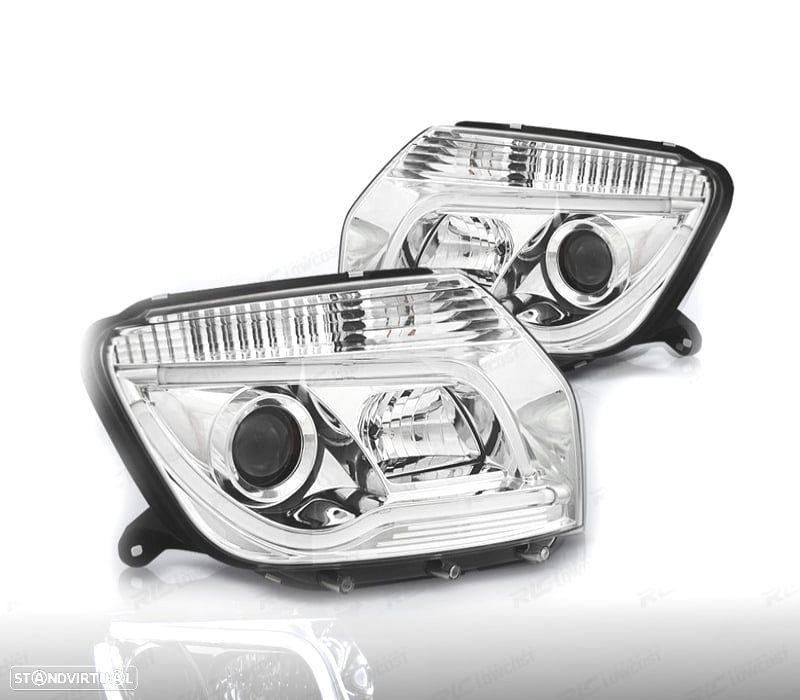 FARÓIS FRONTAIS DACIA DUSTER 10-13 TUBE LIGHT FUNDO CROMADO - 1