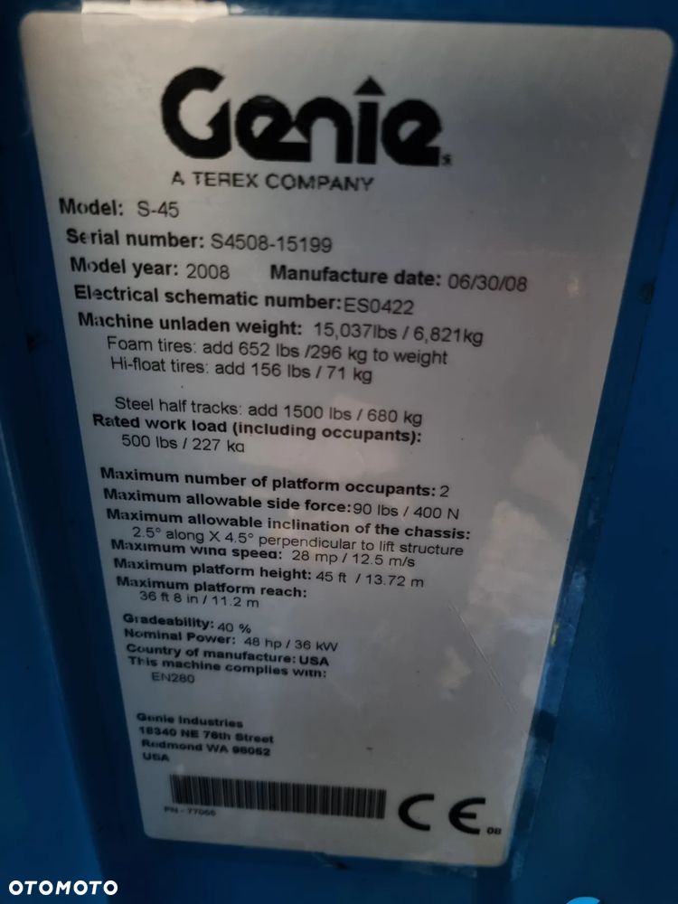 Genie S-45 Zwyżka Podnośnik Teleskopowy terenowy 4x4 wysokość 16 m Silnik DEUTZ jak Nowa IMPORT NORWEGIA 2009r Spalinowo- elektryczna Zadbana. Zero luzów wycieków! Okazja! 2 x Sterowanie maszyną góra i dół - 34