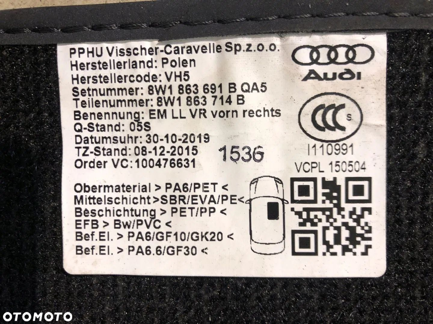 DYWANIKI WELUROWE AUDI A4 B9 AVANT ORYGINALNE KOMPLET - 9