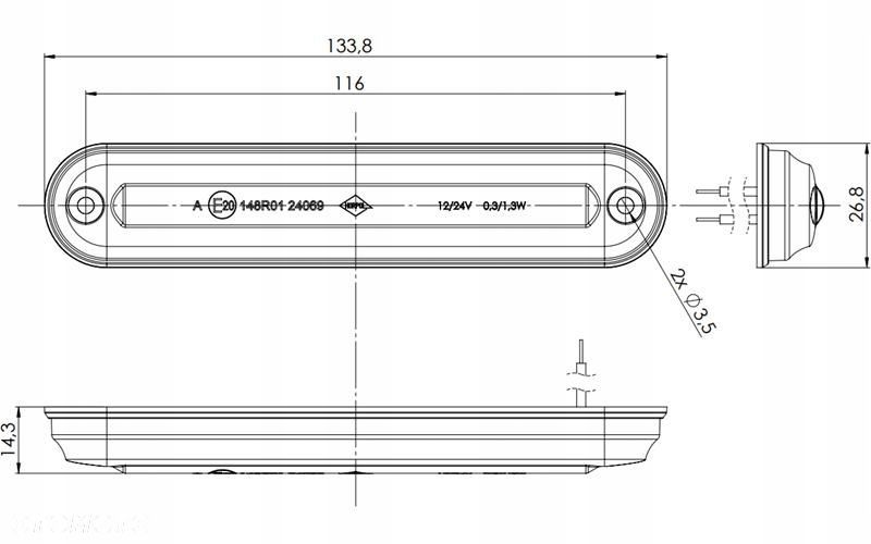 lampa obrysowa led typu slim ze światłoweodem biała 12/24v uniwersalna - 2