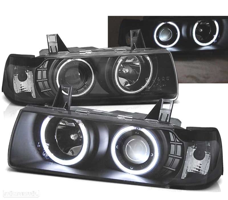 FARÓIS BMW E36 90-99 ANGEL EYES FUNDO PRETO - 1