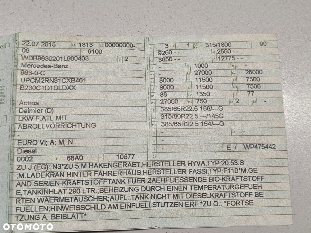 Mercedes-Benz Actros 2543• Euro 6  • 6x2 • HAKOWIEC HYVA 20.53 S • Żuraw FASSI F110M • NOWY Silnik!-Przebieg po wymianie silnika: 124.000 km - 14