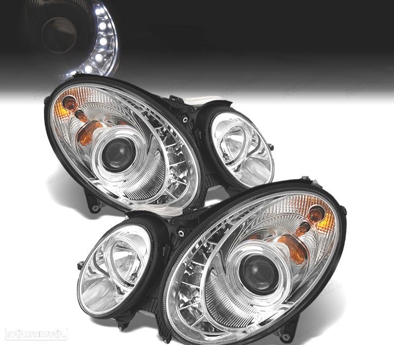 FARÓIS XENON LUZ DIURNA LED MERCEDES E W211 02-06 FUNDO CROMADO - 1