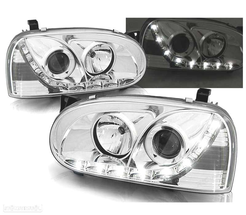 FARÓIS COM LUZ DIURNA LED VOLKSWAGEN VW GOLF 3 MKIII 91-97 FUNDO CROMADO - 1