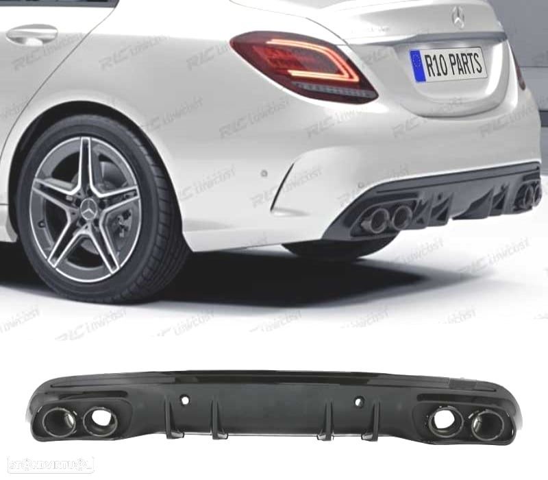 DIFUSOR TRASEIRO MERCEDES CLASE C W205 SEDAN 14-20 C43 AMG PDC + PONTEIRAS ESCAPE PRETO - 1