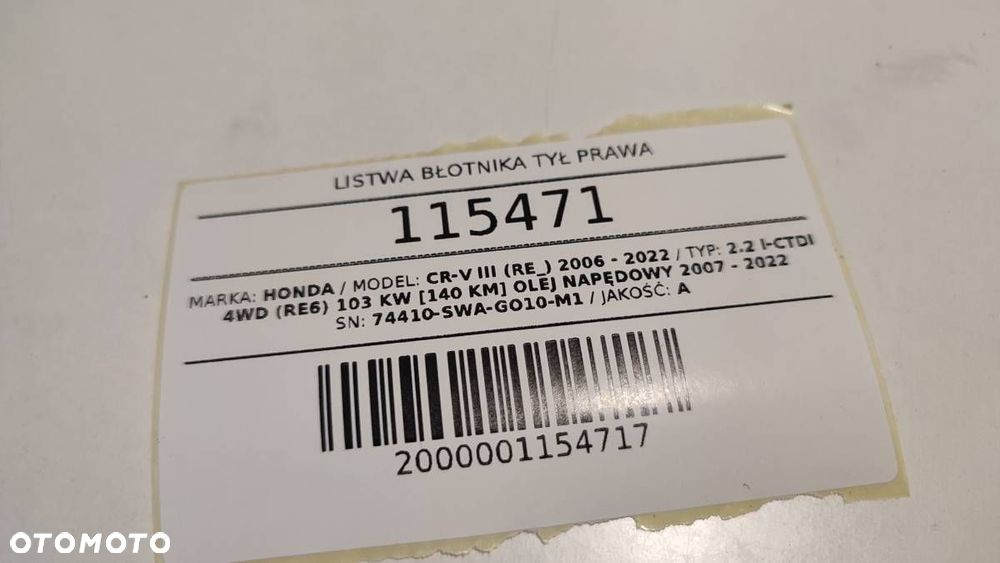 LISTWA BŁOTNIKA TYŁ TYLNA PRAWA HONDA CR-V II 74410-SWA-GO10-M1 - 6