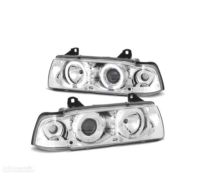 FARÓIS BMW E36 SEDAN 92-98 ANGEL EYES CCFL FUNDO CROMADO - 1
