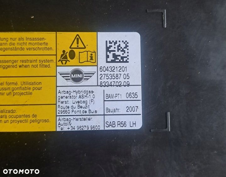 mini cooper r56 06-13r poduszka airbag fotela lewy przód 8334702 - 2