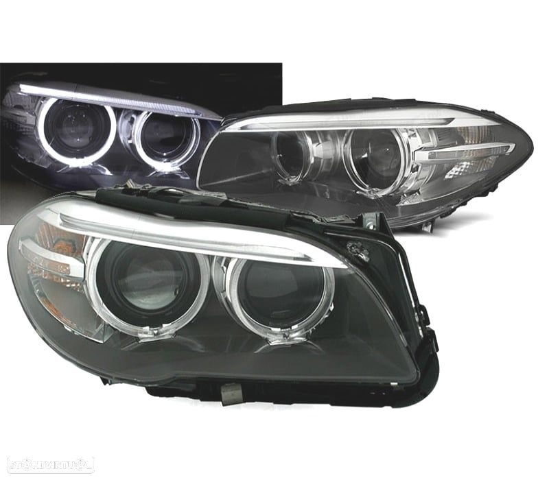 FARÓIS FRONTAIS BMW F10 F11 10-13 XENON OLHOS DE ANGEL LED FUNDO PRETO - 1