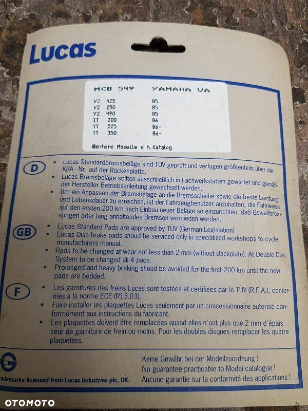 Klocki hamulcowe Lucas MCB 549 Yamaha YZ 125 250 / TT 350 - 4