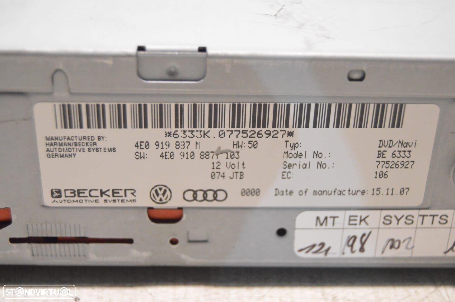 SISTEMA MULTIMEDIA LEITOR CD DVD NAVIGATION NAVI BECKER AUDI 4E0919887 4E0919887M 4E0910887 6333K077526927 BE6333 77526927 AUDI A5 8T3 8TA 3.0 TDI QUATTRO V6 245CV CDU CDUD A4 B8 4K - 6