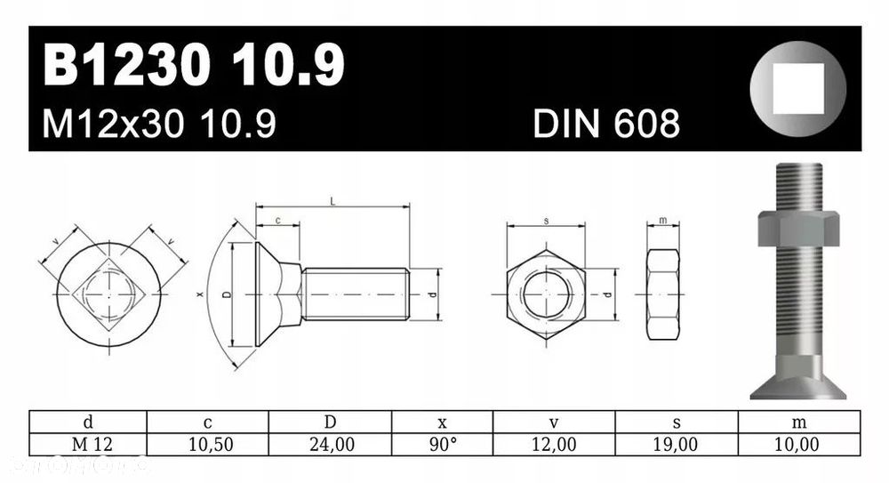 ŚRUBA PŁUŻNA B1230 M12x30 10.9 DIN608 - 2