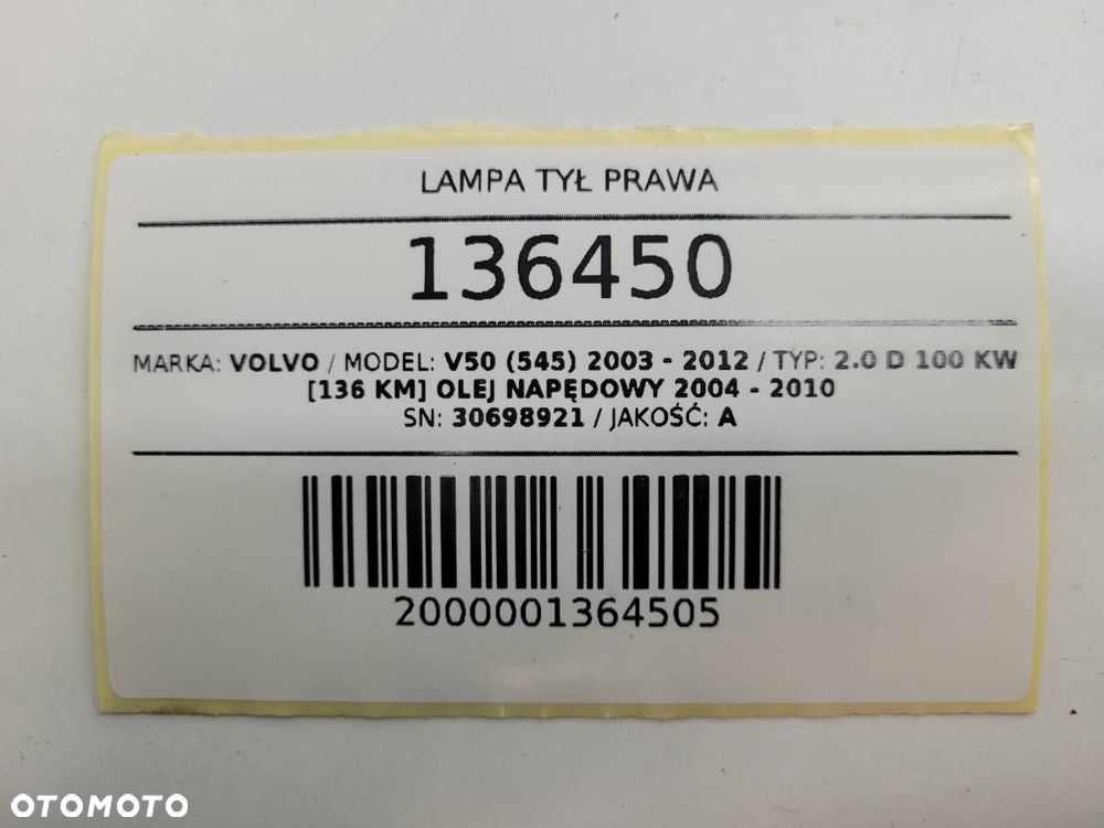 LAMPA TYŁ TYLNA PRAWA W BŁOTNIK VOLVO V50 KOMBI EU 30698921 - 13