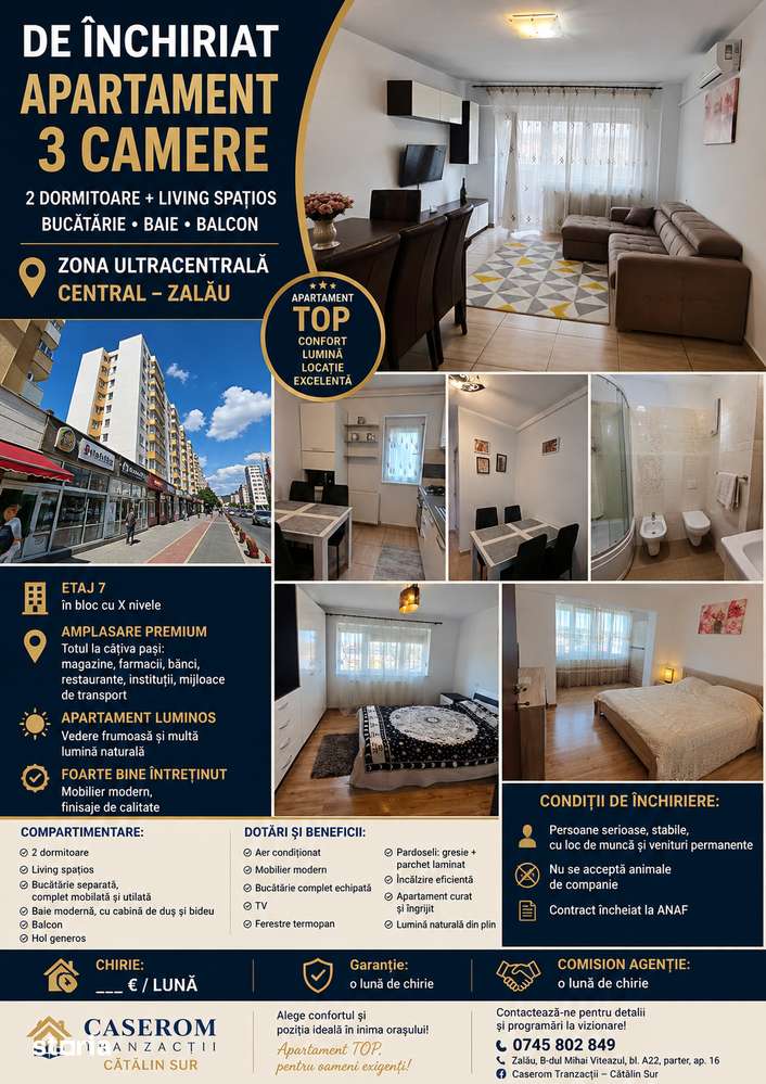 DE ÎNCHIRIAT – APARTAMENT 3 CAMERE, ULTRACENTRAL ZALĂU, ETAJ 7 — fotografia 1