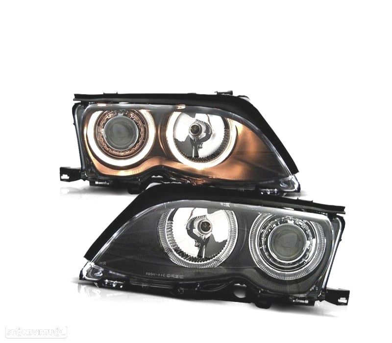 FARÓIS BMW E46 4P 01-05 ANGEL EYES FUNDO PRETO ELETRICO - 1