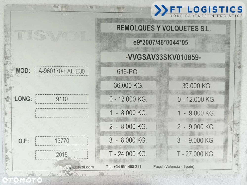 Tisvol TISVOL 2SNA | SAF | KLAPA + SZYBER DO ZSYPU | 43m3 | CAŁA ALUMINIOWA | MASA WŁASNA 5240 KG | PODNOSZONA PIERWSZA OŚ | ALUFELGI - 13