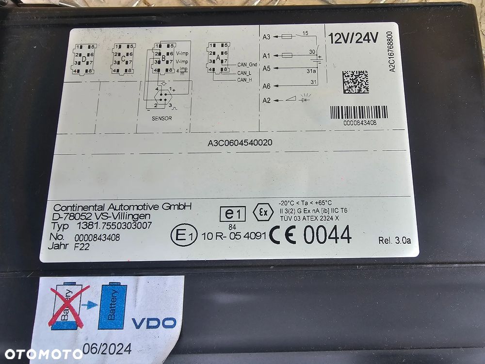 TACHOGRAF CYFROWY UNIWERSALNY VDO CONTINENTAL TYP: 1381.7550303007 D-78052 - 3