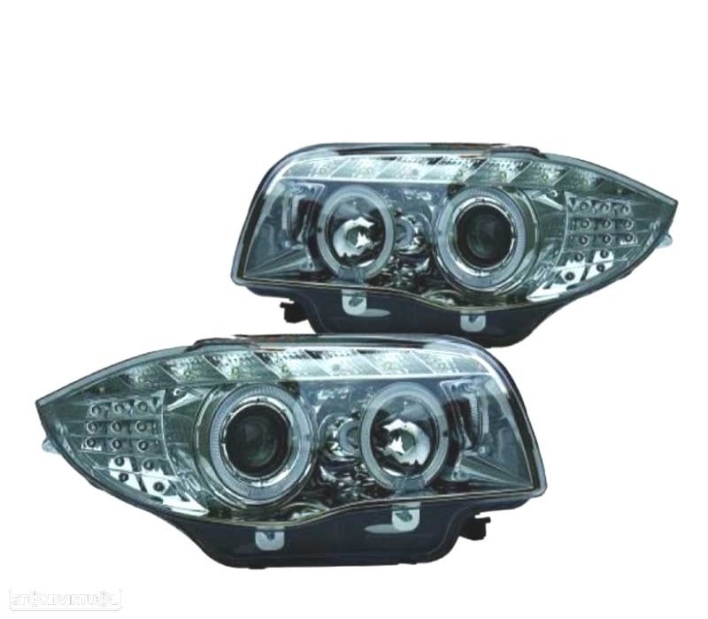 FARÓIS BMW SÉRIE 1 E87 E82 E88 OLHOS DE ANJO LUZ DIURNA FUNDO CROMADO - 1