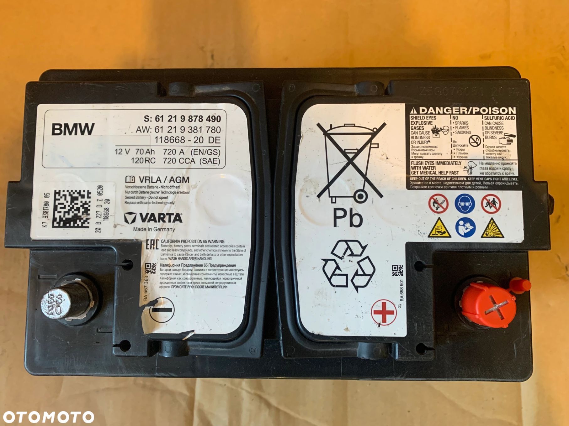 AKUMULATOR AGM 12V 70AH 720A BMW 9878490 9381780 ORYGINALNY - 1