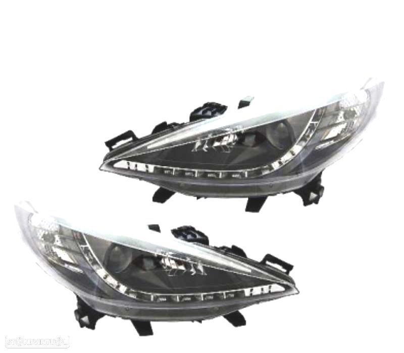 FARÓIS FRONTAIS PEUGEOT 207 06-12 DRL FUNDO PRETO - 1