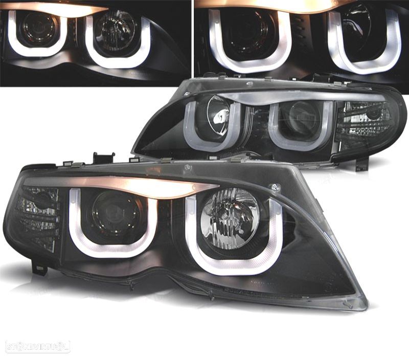 FARÓIS BMW E46 01-05 LUZ DIURNA U LED TUBE LIGHT FUNDO PRETO - 1