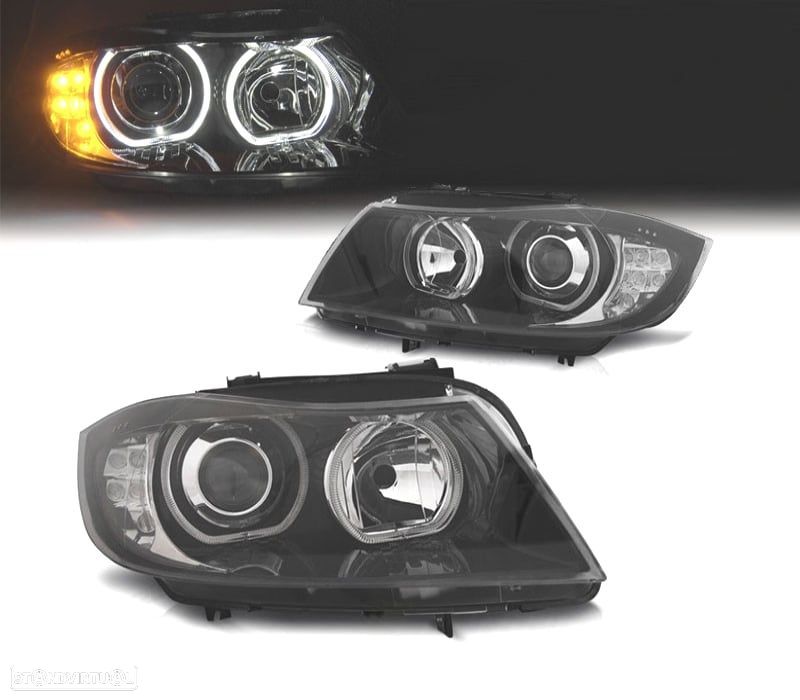 FARÓIS BMW E90 E91 08-11 ANGEL EYES PISCA EM LED FUNDO PRETO - 1