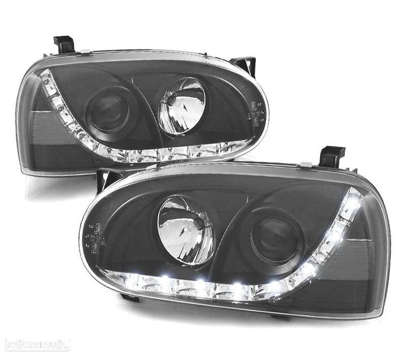 FARÓIS COM LUZ DIURNA LED VOLKSWAGEN VW GOLF 3 MKIII 91-97 FUNDO PRETO - 1
