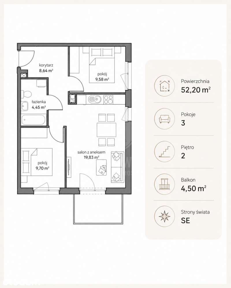 3-pokojowe mieszkanie z balkonem w Gdańsku | 52,20