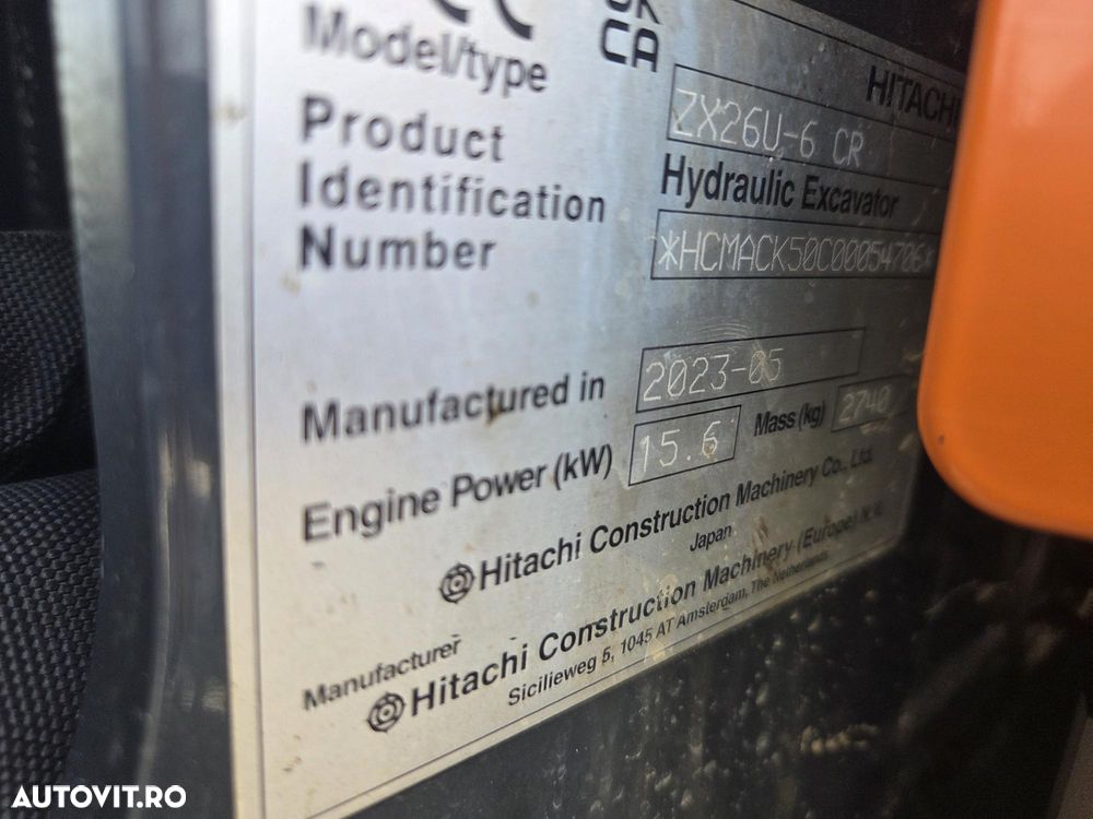 Hitachi ZX26U-6, 2023, 381h, CA NOU, CUPLA RAPIDA mecanica noua+3 cupe noi, Lama nivelare, inst picon pe brate, fara aer cond, latime 1,2m, ad sapare 3m, ridica 1,7t, masa operationala 2,7t, posibil leasing 4 ani-PROMOTIE 32.900 EUR+Tva - 20