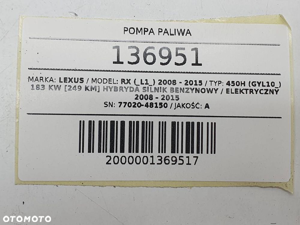POMPA PALIWA PŁYWAK LEXUS RX 450H III 77020-48150 2014 EUROPA - 5