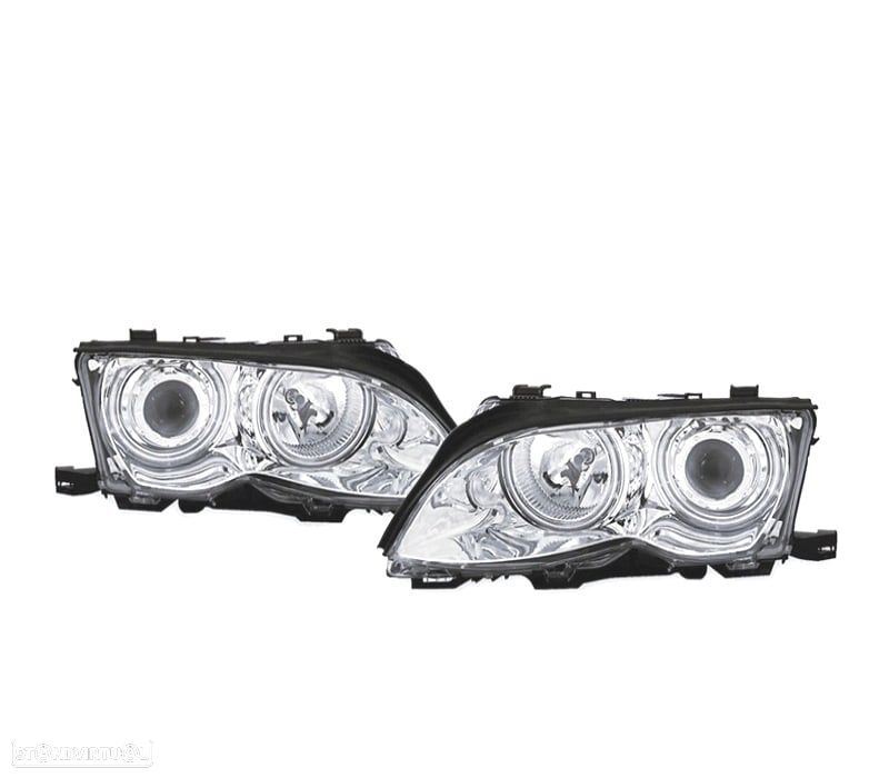 FARÓIS BMW E46 4P 01-05 ANGEL EYES CCFL FUNDO CROMADO - 1