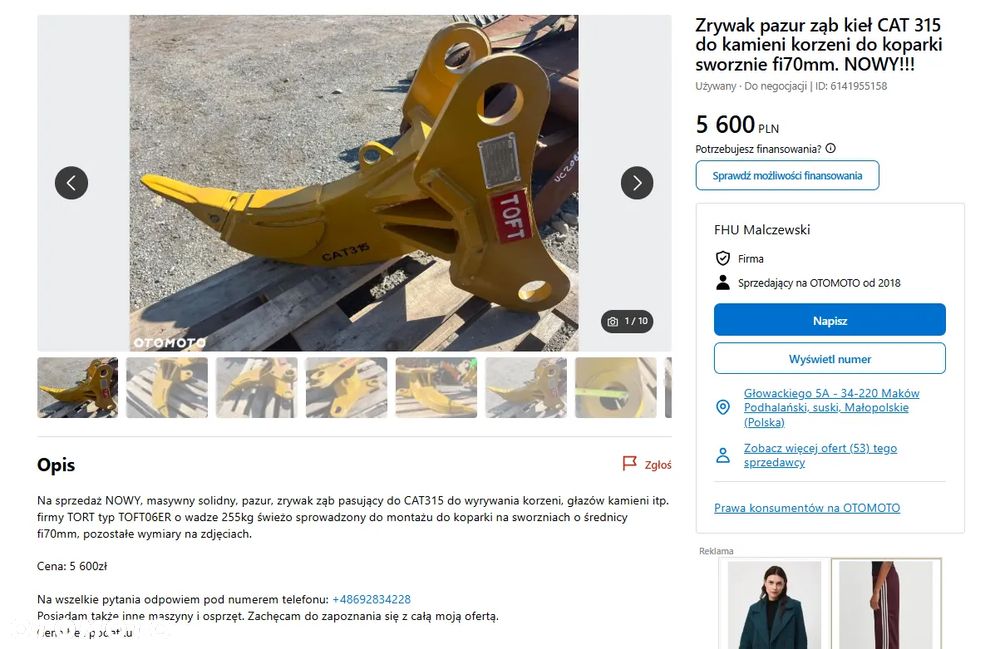 Zrywak pazur ząb kieł do kamieni korzeni do koparki sworznie fi90mm. NOWY!!! - 3