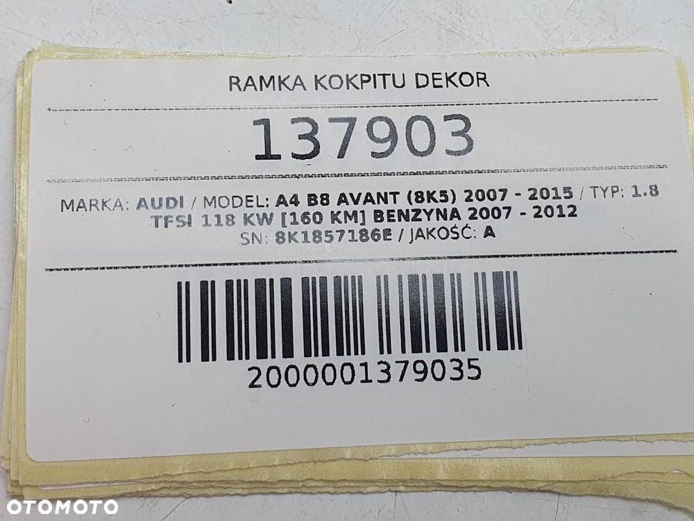 RAMKA KOKPITU DEKOR PRZYCISK AWARYJNYCH AUDI A4 B8 8K1857186E EUROPA - 6
