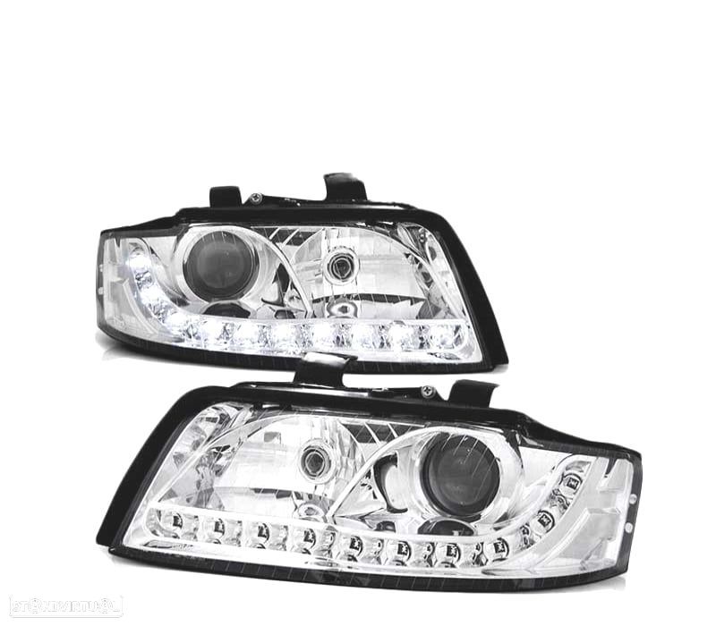 FARÓIS FRONTAIS LED AUDI A4 00-04 CROMADO - 1