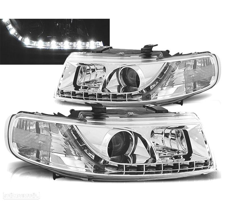 FARÓIS COM LUZ DIURNA SEAT TOLEDO LEON 99-04 FUNDO CROMADO - 1