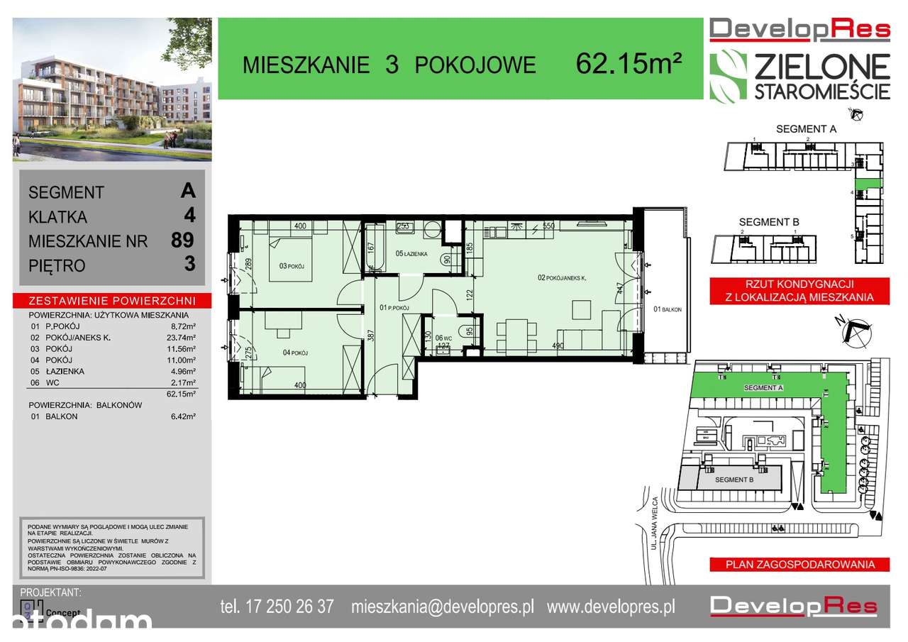 Przestronne 3 pokoje| 62,15 m² | Zielone Staromieście A-89|