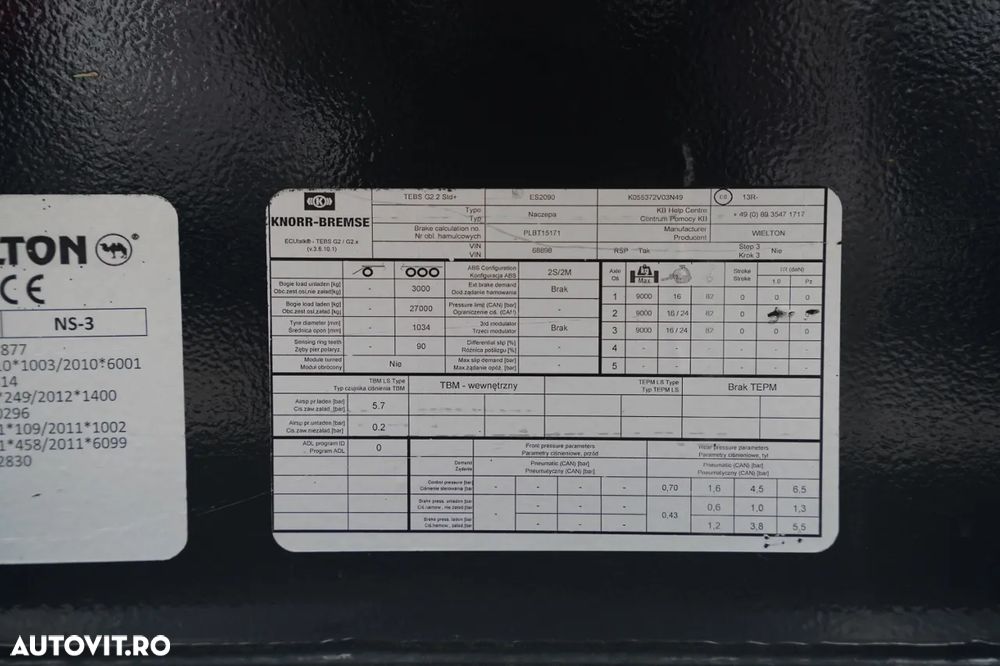 Wielton / CORTINĂ STANDARD / REMORCA DIN OȚEL - 9 M / AXĂ CULISANTĂ / ACOPERIȘ CULISANT / SAF / - 29