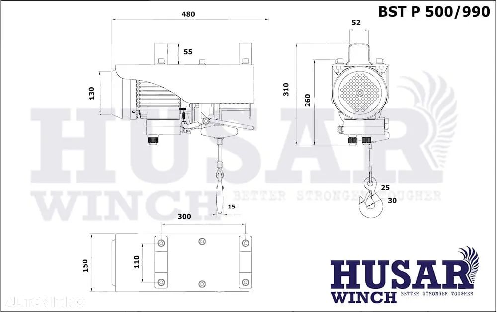 Macara,palan,electropalan HUSAR  500-990kg,18m cablu, la 230V - 6