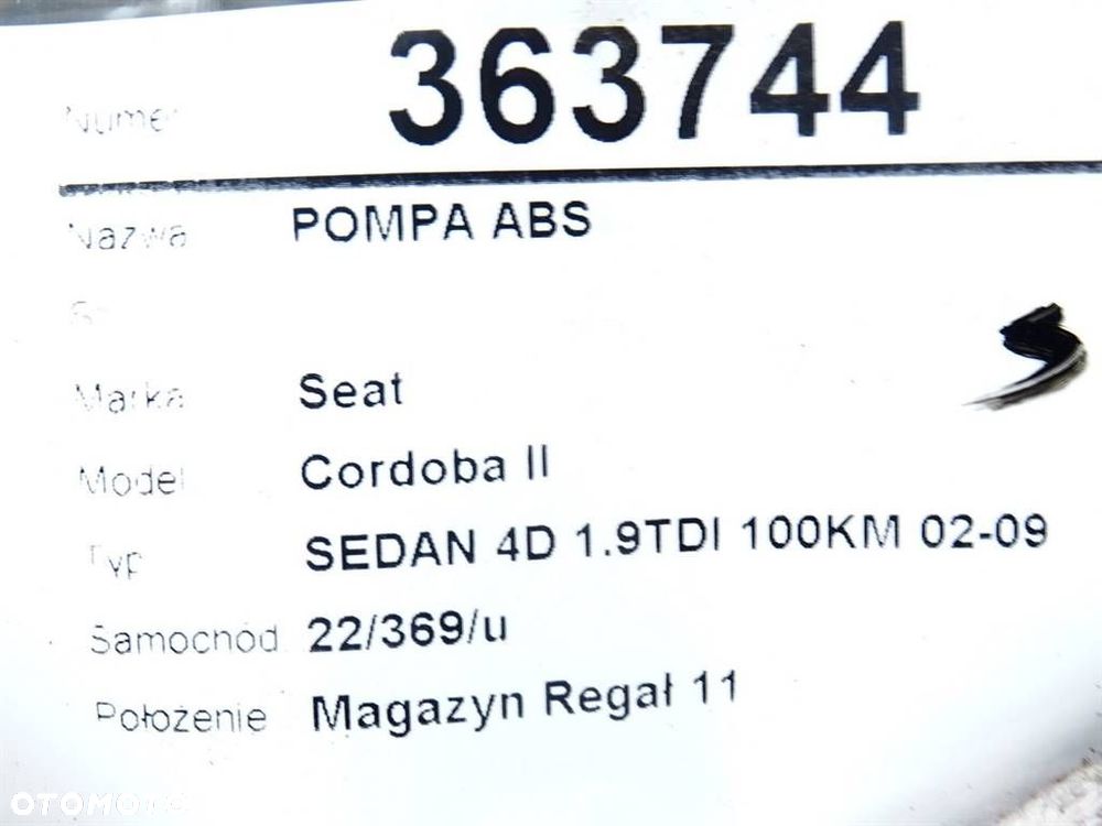 POMPA ABS - 90.00 PLN - SEAT CORDOBA (6L2) 2002 - 2009 1.9 TDI 74 kW [100 KM] olej napędowy 2002 - - 5