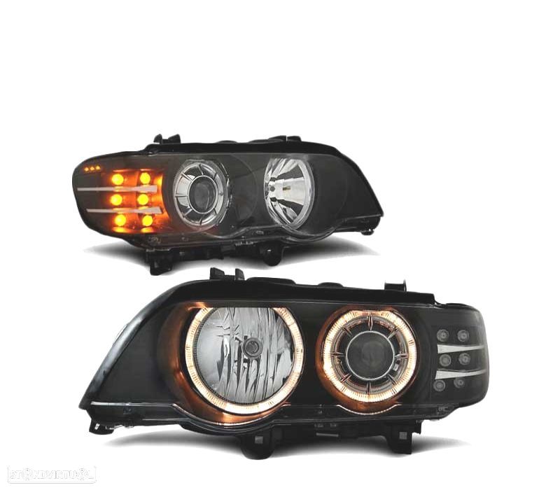 FARÓIS FRONTAIS ANGEL EYES LED BMW X5 E53 99-03 BLACK PRETO - 1