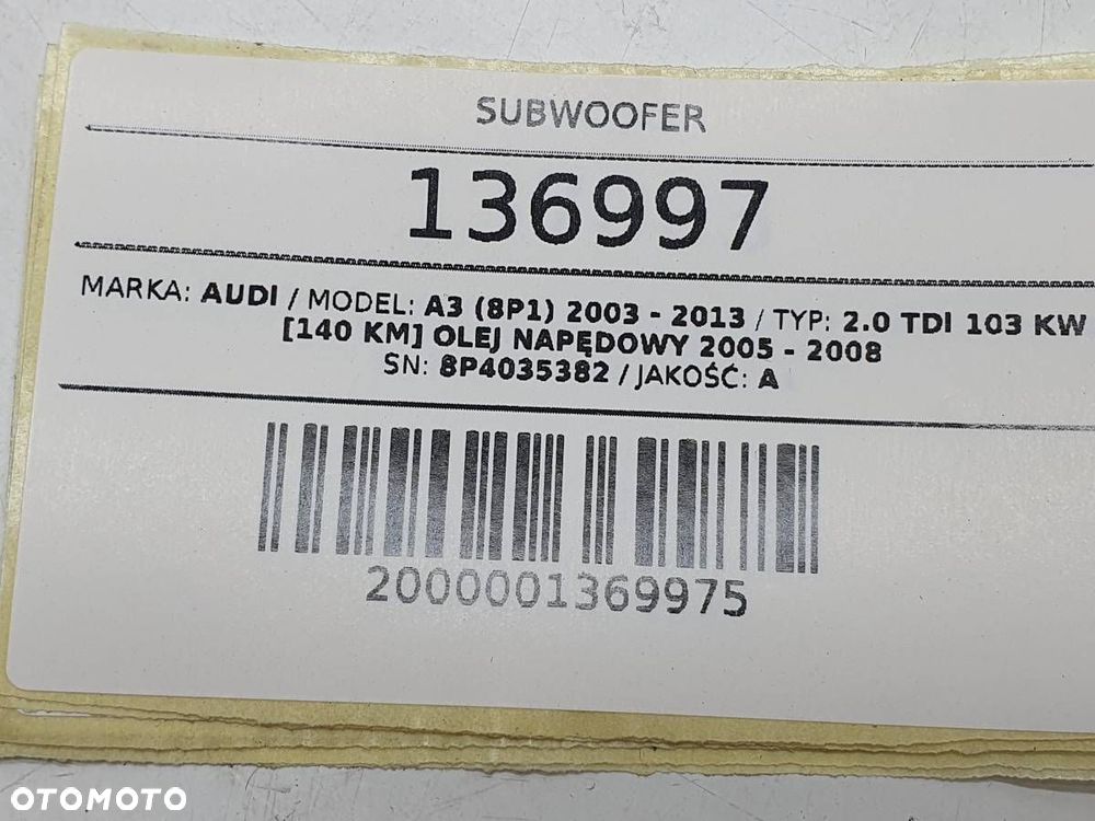 SUBWOOFER GŁOŚNIK BASOWY AUDI A3 8P 8P4035382 ORYGINAŁ - 5
