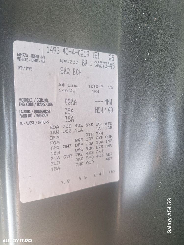 Dezmembrez Audi A4 B8 limuzina motor 2.7 tdi CGKA cod culoare Z5A - 8