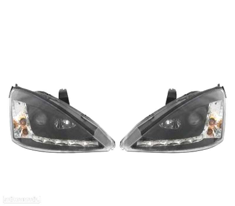 FARÓIS LUZ DIURNA LED COM PISCAS FORD FOCUS 98-01 FUNDO PRETO - 1