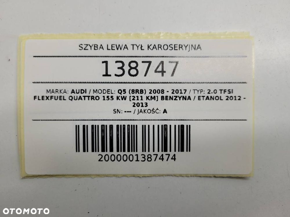 SZYBA LEWA TYŁ KAROSERYJNA AUDI Q5 8R 2011 - 10